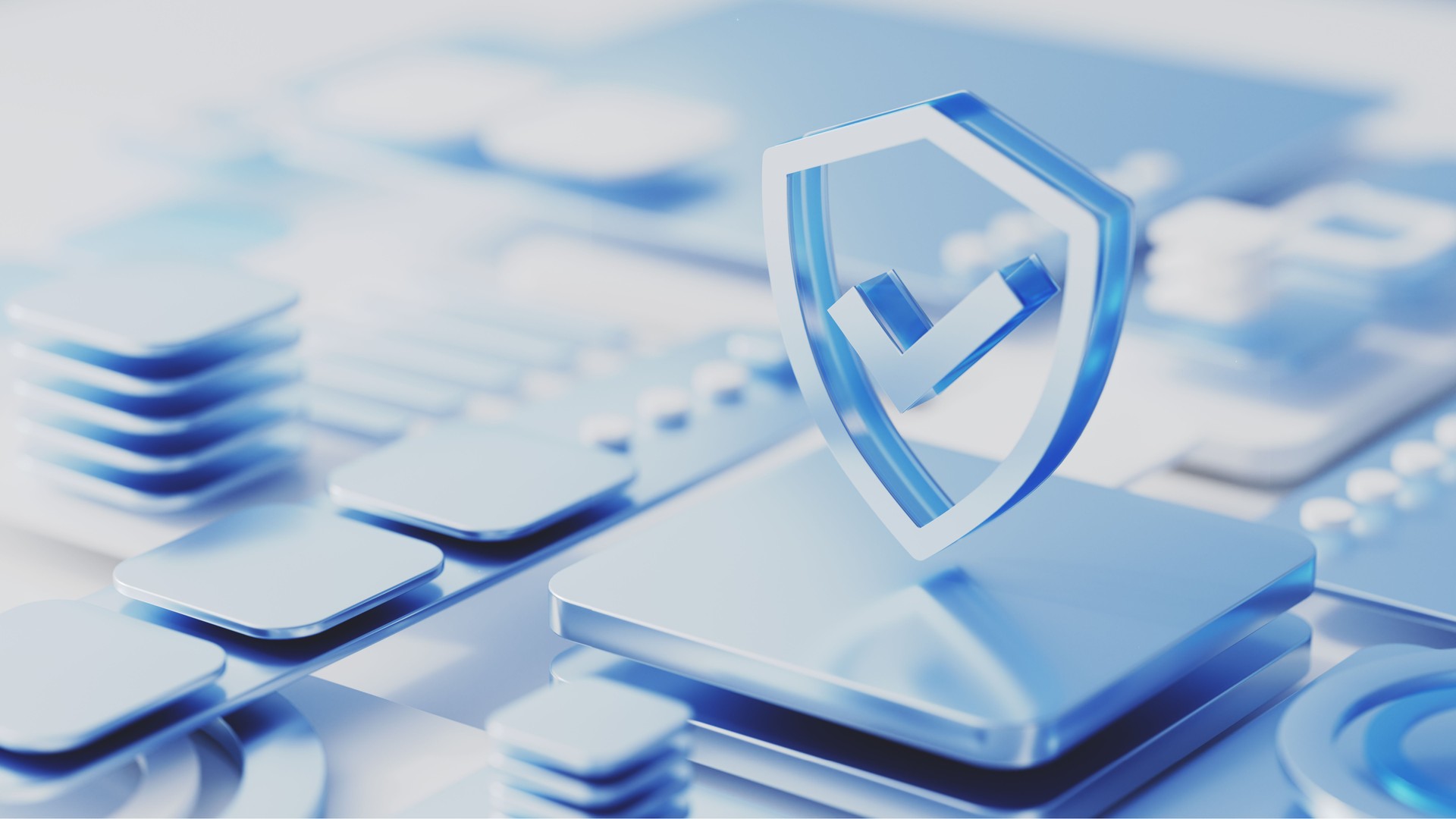 Abstracte beveiligingsillustratie met een schild en vinkje als symbool voor informatieveiligheid.